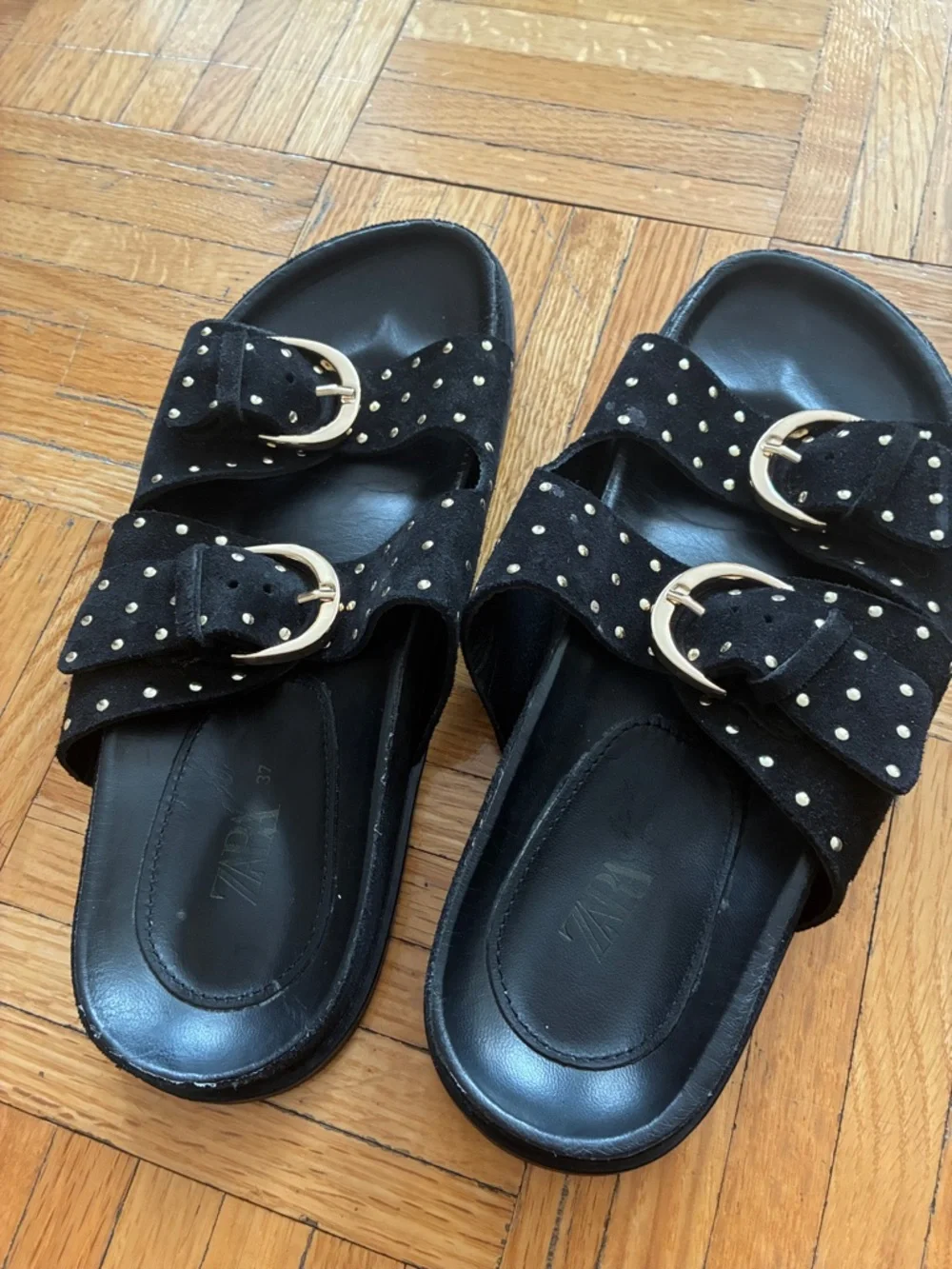 Black Studded Zara Double-Buckle Slide Sandals - Picture 2 of 5